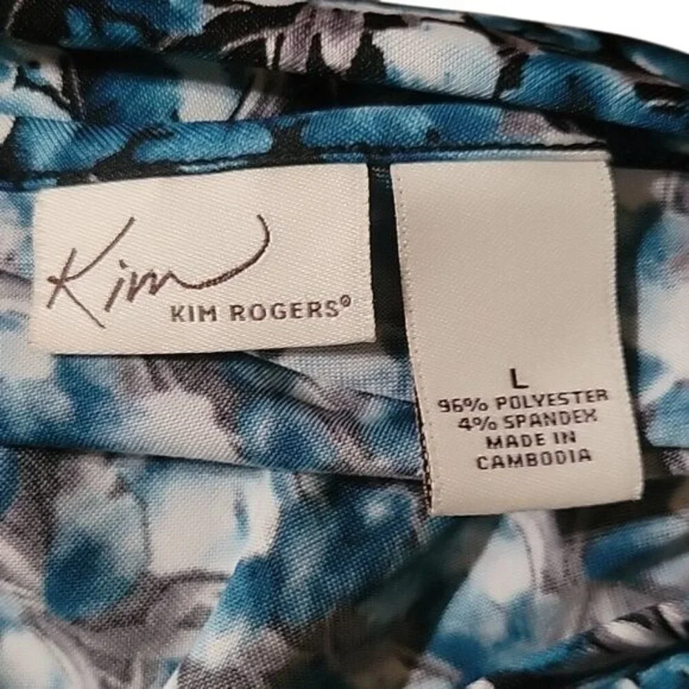 Kim Rogers Womens Floral Blue & Black Long Sleeve Tunic Top With Rosette Necklin - Picture 4 of 4